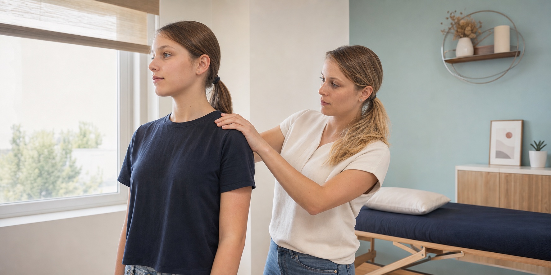 Céline Peirone observe la posture et la mobilité de l’épaule d’une adolescente
