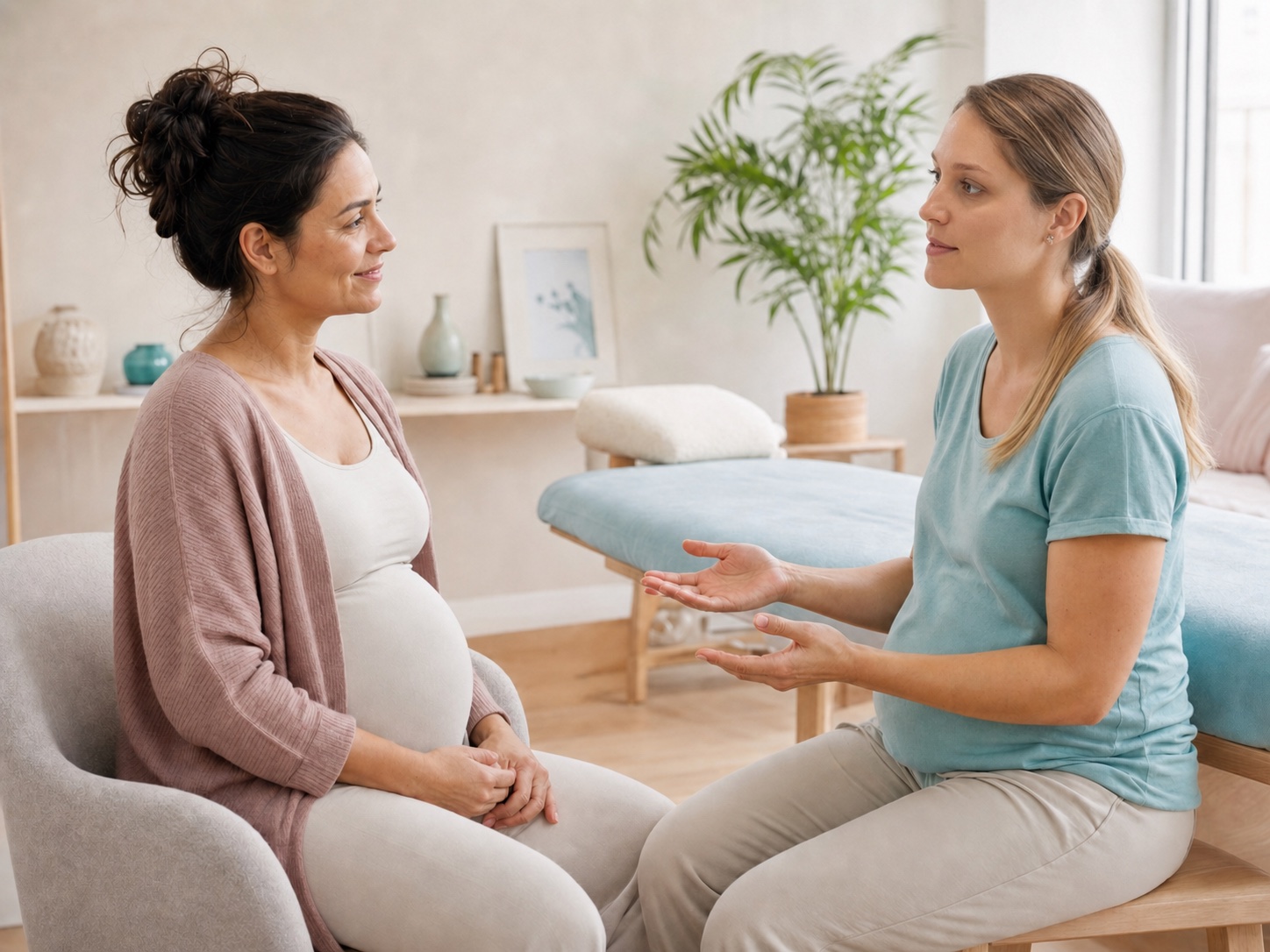 Femme enceinte lors d’un échange avec Céline Peirone en cabinet